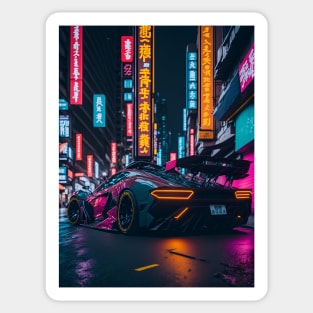 Dark Neon Sports Car in Japanese Neon City Sticker